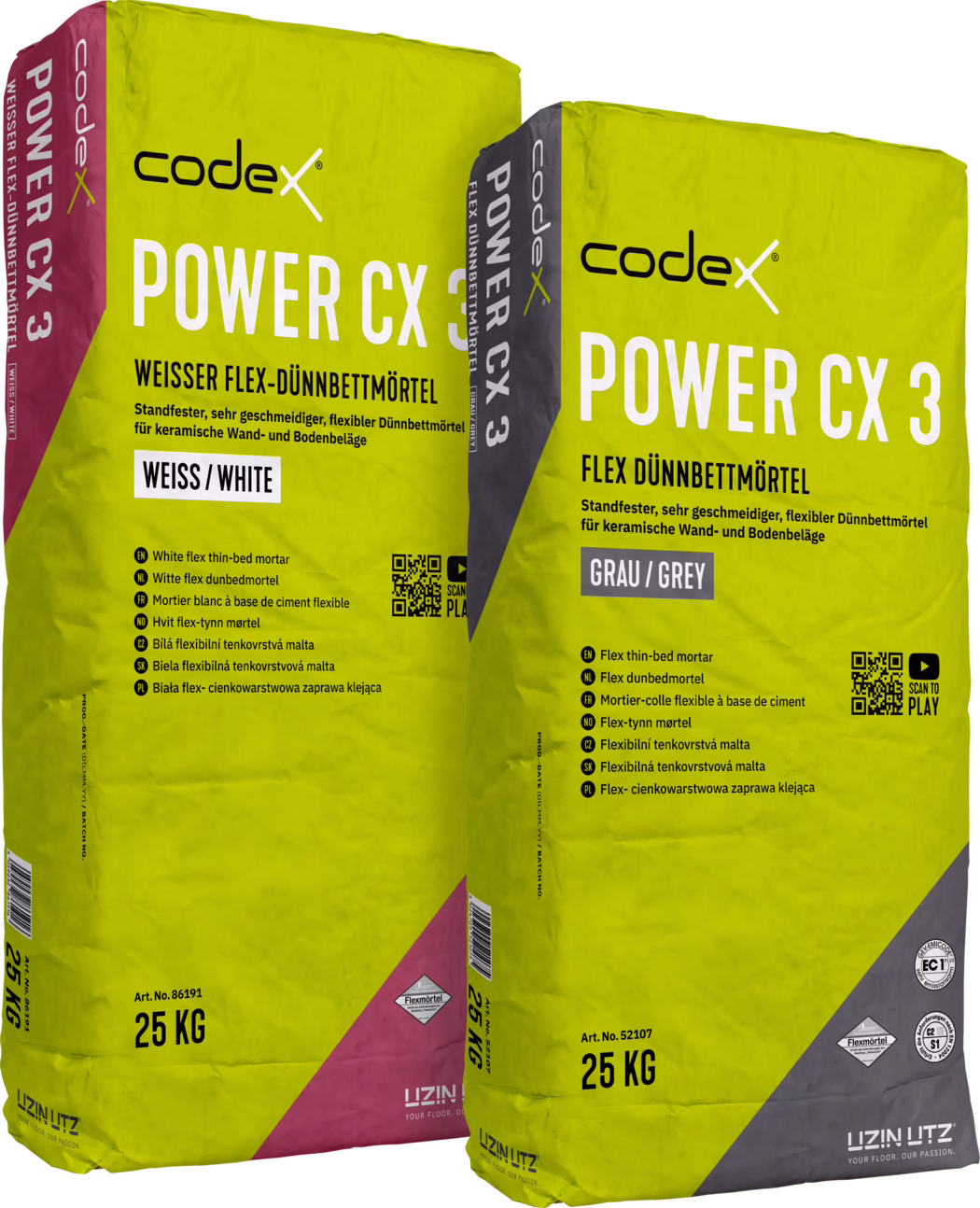 Zwei 25-kg-Säcke codex POWER CX 3 Flex-Dünnbettmörtel nebeneinander abgebildet. Ein Sack ist mit WEISS / WHITE und einem magentafarbenen Eckfeld gekennzeichnet, der andere mit GRAU / GREY und einem grauen Eckfeld. Beide Verpackungen sind auffällig gelb mit großen weißen „POWER CX 3“-Schriftzügen, dem codex-Logo, mehrsprachigen Produktbeschreibungen, einem sichtbaren QR-Code, Prüfzeichen und UZIN UTZ-Branding. Das Produkt wird als standfester, sehr geschmeidiger, flexibler Dünnbettmörtel für keramische Wand- und Bodenbeläge beschrieben; die Artikelnummern (Art.-Nr. 86191 und Art.-Nr. 52107) sowie die Gewichtsangabe 25 KG sind gut lesbar. Die Aufnahme zeigt Drucktexte, Verpackungsfalten und studiolichtbedingte Reflexe.
