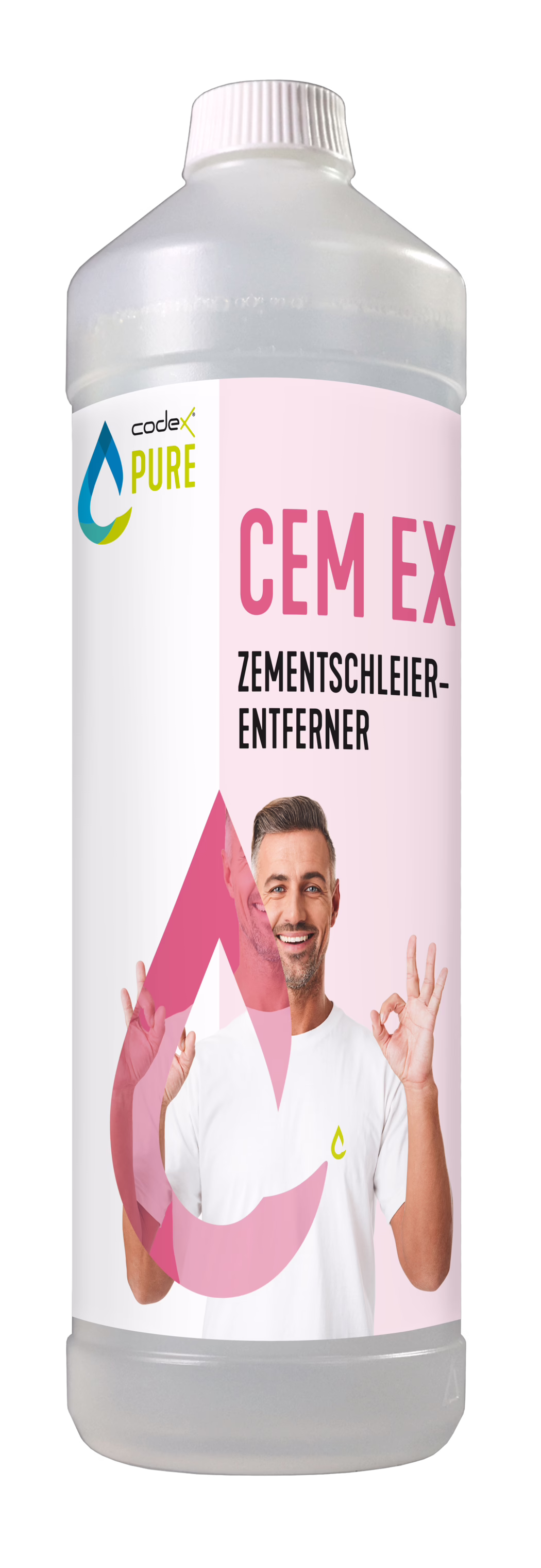codex_Dummy_Pure Cem EX_2021-06 Hohe durchscheinend-weiße Kunststoffflasche mit weißem Schraubverschluss, beschriftet mit 'CEM EX ZEMENTSCHLEIER-ENTFERNER'. Das Etikett ist in Rosa und Weiß gestaltet, zeigt die Marke 'codex PURE' und ein stilisiertes Wassertropfen-Logo. Große rosa Schrift 'CEM EX' und darunter in schwarzer Schrift 'ZEMENTSCHLEIER-ENTFERNER'. Ein lächelnder männlicher Model auf dem Etikett trägt ein weißes T‑Shirt und macht eine 'OK'-Handgeste; pinke Grafiküberlagerungen bedecken teilweise das Bild. Die Flasche wirkt voll und ist auf weißem Hintergrund freigestellt. Das Produkt wird als Reinigungsmittel zum Entfernen von Zementschleiern dargestellt.