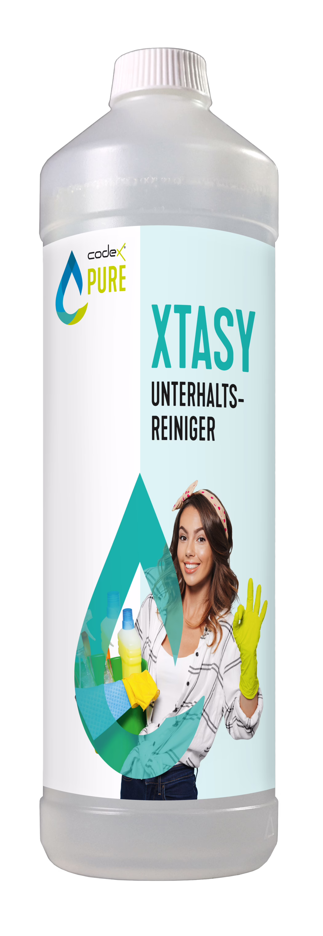 codex_Dummy_Pure Xtasy_1L_2021-06 Eine hohe, halbtransparente Kunststoffflasche mit weißem Schraubverschluss und hellblauem Etikett mit der Aufschrift „XTASY UNTERHALTSREINIGER“. Auf dem Etikett ist das Markenlogo „codex PURE“ mit einem stilisierten Wassertropfen sowie eine lächelnde Frau mit Haarband und gelben Reinigungshandschuhen zu sehen, die Reinigungsflaschen und Tücher hält. Grafische Elemente in Türkis- und Aqua-Tönen sowie ein großer Tropfen überlagern das Motiv; das Design vermittelt ein frisches, freundliches Produktbild für den Haushaltsgebrauch.