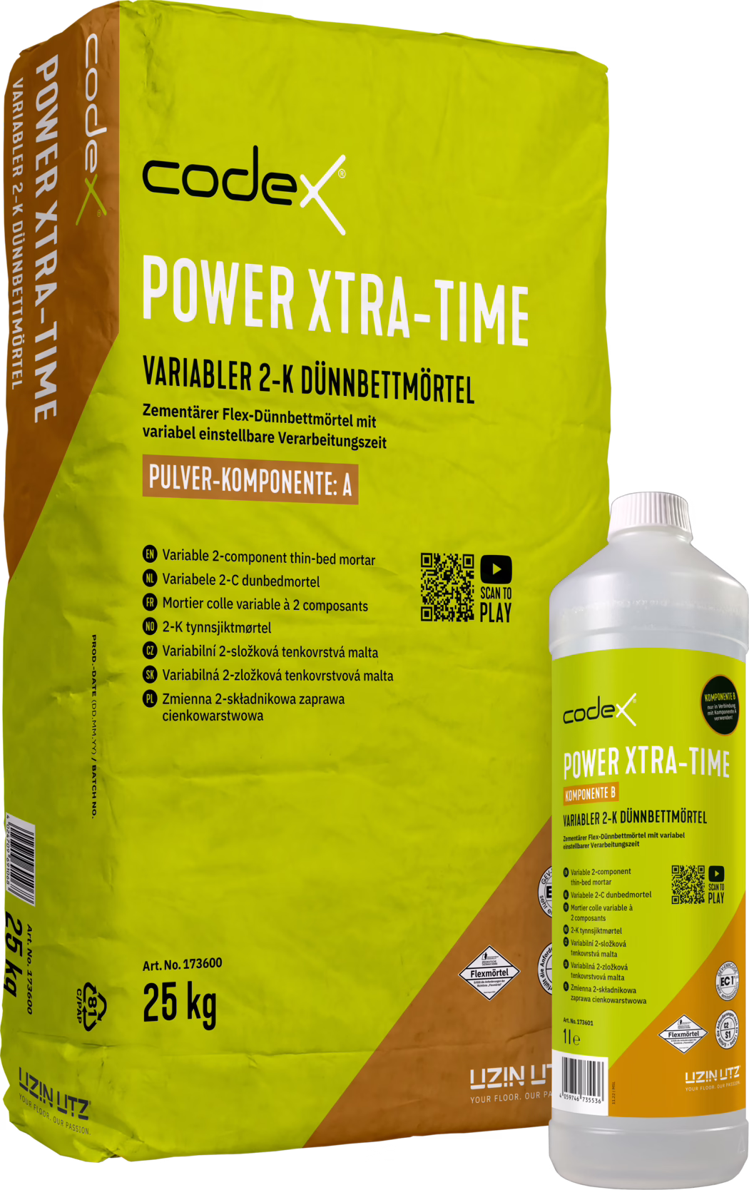 Studioaufnahme eines Codex Power Xtra-Time 2‑Komponenten Dünnbettmörtel-Sets: gelb-grüner 25-kg-Sack mit der großen Aufschrift 'POWER XTRA-TIME' und 'Variabler 2-K Dünnbettmörtel' (Pulver-Komponente A) neben einer weißen 1‑l‑Flasche als Komponente B. Auf dem Sack sind Codex-Logo, Produktname in großen weißen Buchstaben, ein braunes Feld mit 'Pulver-Komponente: A', mehrsprachige Hinweise, Icons, ein QR-Code und die Gewichtsangabe '25 kg' zu sehen; die Flasche hat ein passendes Etikett und weißen Verschluss. Die Verpackungen sind leicht geknautscht und auf weißem Hintergrund fotografiert, wodurch Details und Beschriftungen betont werden.