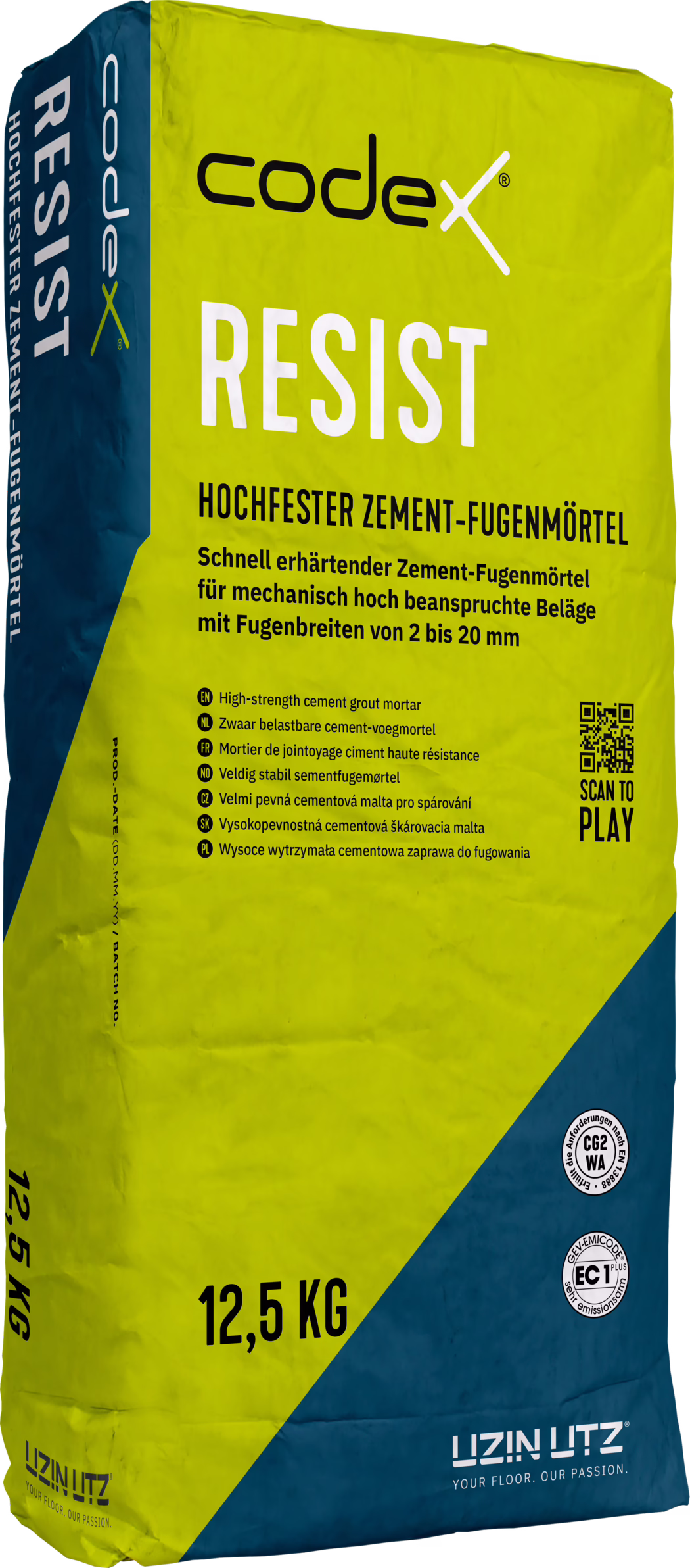 codex_Dummy_Resist_right_2022-01 Fotografie eines 12,5-kg-Sacks 'codex RESIST' hochfester Zement-Fugenmörtel. Der Sack ist überwiegend gelb-grün mit einer dunkelblauen Diagonalecke und zeigt den großen weißen Schriftzug 'RESIST' sowie die Marke 'codex' oben. Der Text beschreibt ein schnell erhärtendes Zement-Fugenmörtel für mechanisch stark beanspruchte Beläge mit Fugenbreiten von 2 bis 20 mm. Auf der Verpackung sind mehrsprachige Produktbeschreibungen, ein QR-Code mit 'SCAN TO PLAY', Konformitätskennzeichen (CG2 WA, EC1) und das Herstellerlogo 'UZIN|UTZ' unten abgebildet. Die Oberfläche des Sacks ist leicht zerknittert; das Produkt ist vor weißem Hintergrund fotografiert.