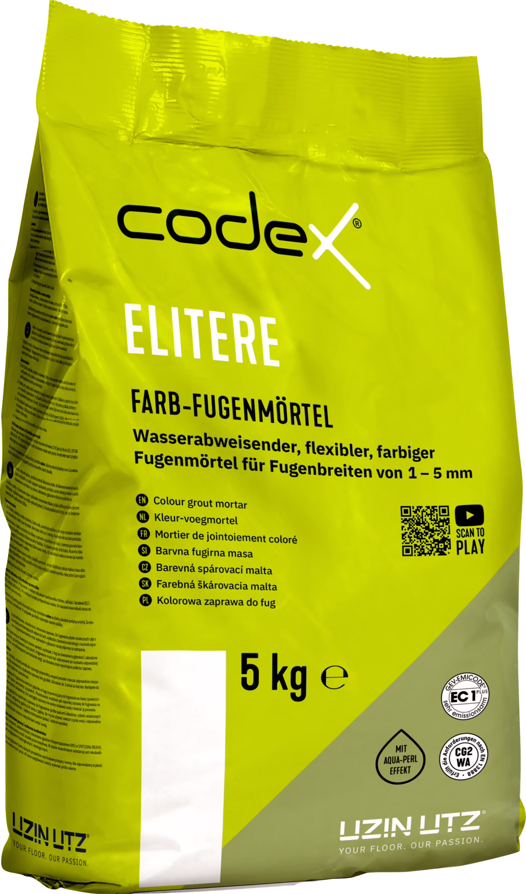 codex_Dummy_Elitere_right_2025-02 Fotografieiner gelb-grünen 5-kg-Packung Codex 'ELITERE' Farb-Fugenmörtel. Auf der Vorderseite sind die Marke 'codex' und der Produktname 'ELITERE' gut sichtbar sowie die Bezeichnung 'FARB-FUGENMÖRTEL' und die Produkteigenschaften: wasserabweisend, flexibel, farbig, geeignet für Fugenbreiten von 1–5 mm. Die Vorderseite zeigt außerdem eine mehrsprachige Aufzählung, einen QR-Code mit dem Hinweis 'SCAN TO PLAY', Prüfzeichen/Logos, das Gewicht '5 kg' und das Logo 'UZIN UTZ' am unteren Rand. Die Kunststoffverpackung ist leicht glänzend, an der Oberseite geknickt; an der Seite ist ein Textfeld mit kleiner Schrift zu sehen. Fotografiert auf weißem Hintergrund.