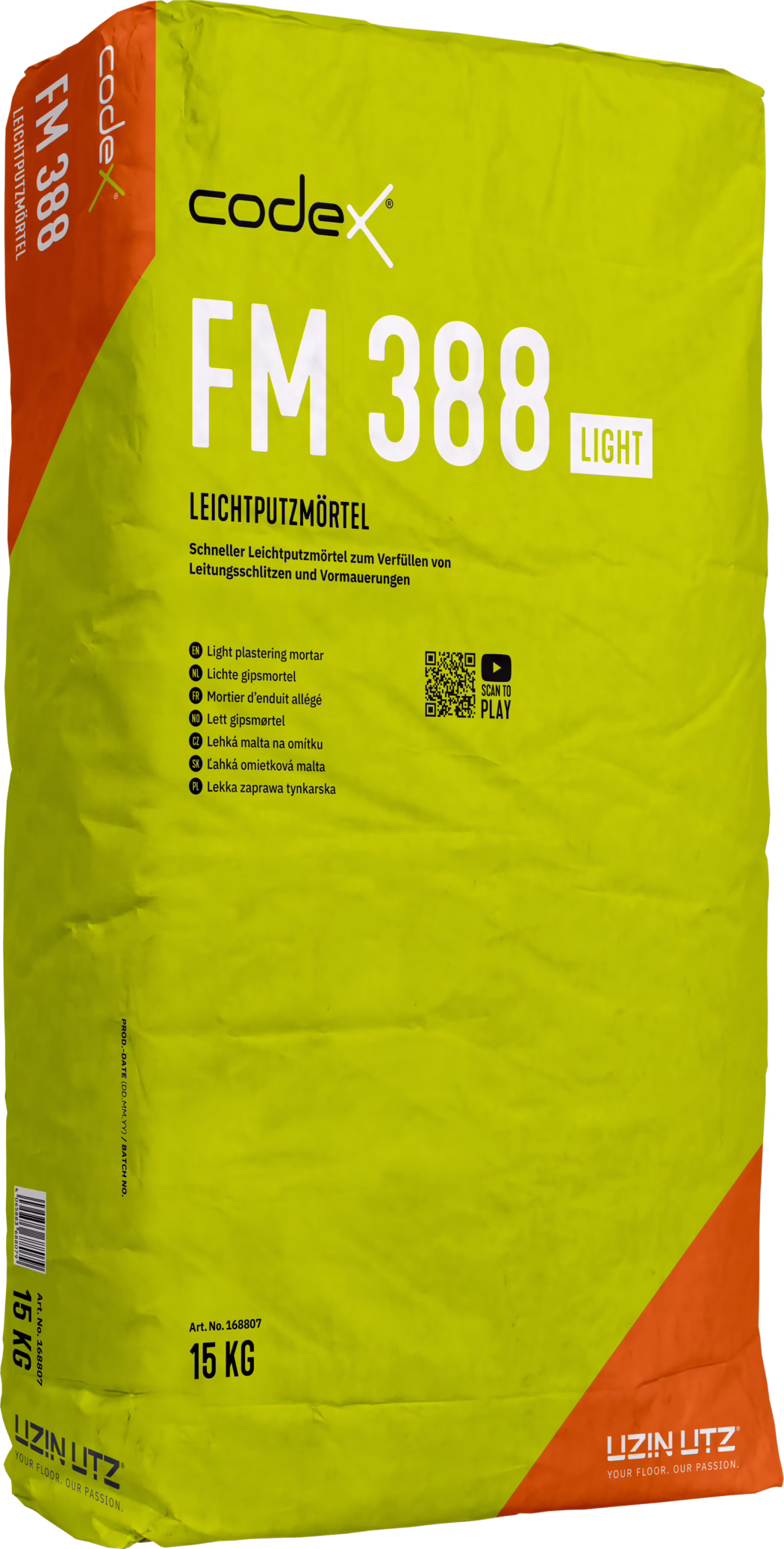 Hochauflösende Produktaufnahme eines 15-kg-Sacks Codex FM 388 LIGHT Leichtputzmörtel. Der rechteckige Papiersack ist leuchtgelb mit einer orangefarbenen Dreiecksfärbung in der Ecke; oben befindet sich das schwarze 'codex'-Logo. Große weiße Schrift 'FM 388' und ein kleines 'LIGHT'-Etikett prägen die Vorderseite; darunter steht der Produktname 'LEICHTPUTZMÖRTEL' und eine mehrsprachige Kurzbeschreibung mit Hinweis auf die Verwendung zum Verfüllen von Leitungsschlitzen und Vormauerungen. Neben kleiner schwarzer Informationstypografie ist ein QR-Code mit Piktogramm zu sehen; Gewicht '15 KG' und Artikelnummer sind unten gedruckt. Der Sack zeigt naturgetreue Knicke und Falten und ist leicht geneigt auf weißem Hintergrund fotografiert, geeignet für Kataloge und Onlineshops.