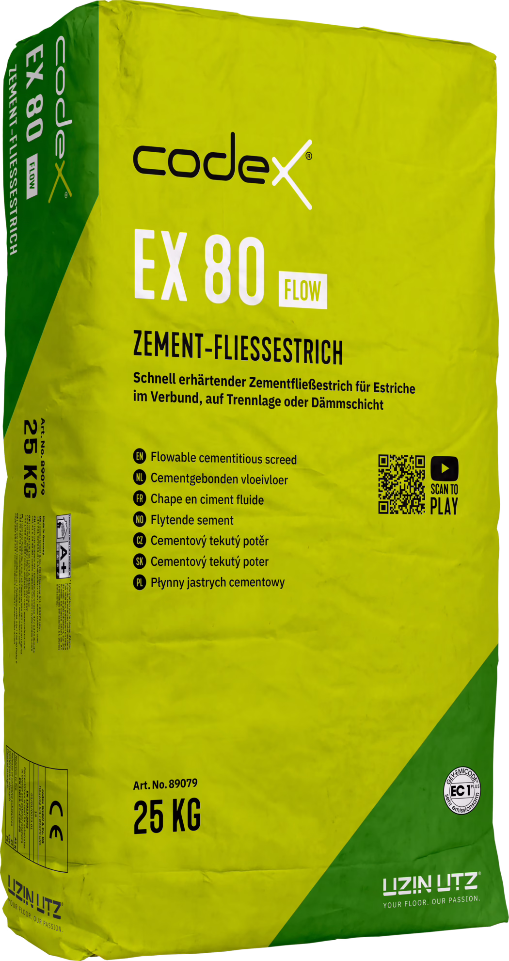 Foto eines 25-kg-Sacks Codex EX 80 Flow Zement-Fließestrich. Die Verpackung ist leuchtend gelb-grün mit großem schwarzen 'codex'-Logo oben sowie auffälliger weißer Beschriftung 'EX 80' und kleinem 'FLOW'-Hinweis. Eine fettgedruckte schwarze Überschrift lautet 'ZEMENT-FLIESSESTRICH', darunter steht die deutsche Kurzbeschreibung: schnell erhärtender Zementfließestrich für Estriche im Verbund, auf Trennlage oder Dämmschicht. Links unten sind '25 KG' und die Artikelnummer 'Art. No. 89079' zu sehen. Auf der Vorderseite befinden sich ein QR-Code mit 'SCAN TO PLAY', das CE-Zeichen und ein EC1-Emissionsaufkleber. Die Verpackung zeigt Falten und Papierstruktur; am linken Rand verläuft ein grüner Streifen, unten rechts ein grünes Dreieck mit dem Logo 'UZIN|LUTZ' und dem Slogan 'YOUR FLOOR. OUR PASSION.'