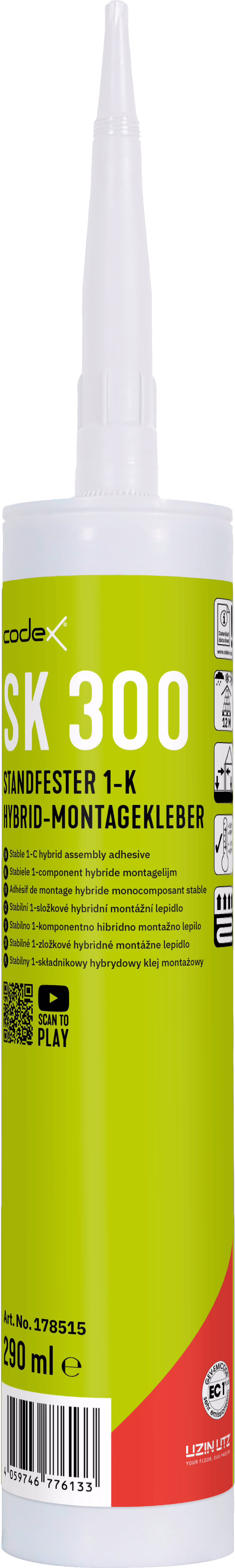 codex_Dummy_SK 300_front_2024-04 Nahaufnahme einer hohen weißen zylindrischen Klebekartusche mit langer, spitz zulaufender Düse. Das limegrüne Etikett zeigt 'SK 300' und 'Standfester 1-K Hybrid-Montagekleber', die Marke 'codex', Anwendungssymbole, einen QR-Code und einen Barcode; das Volumen ist mit 290 ml angegeben und unten ist ein roter Akzent sichtbar. Verpackungsdetails und Piktogramme sind vor weißem Hintergrund deutlich zu erkennen.
