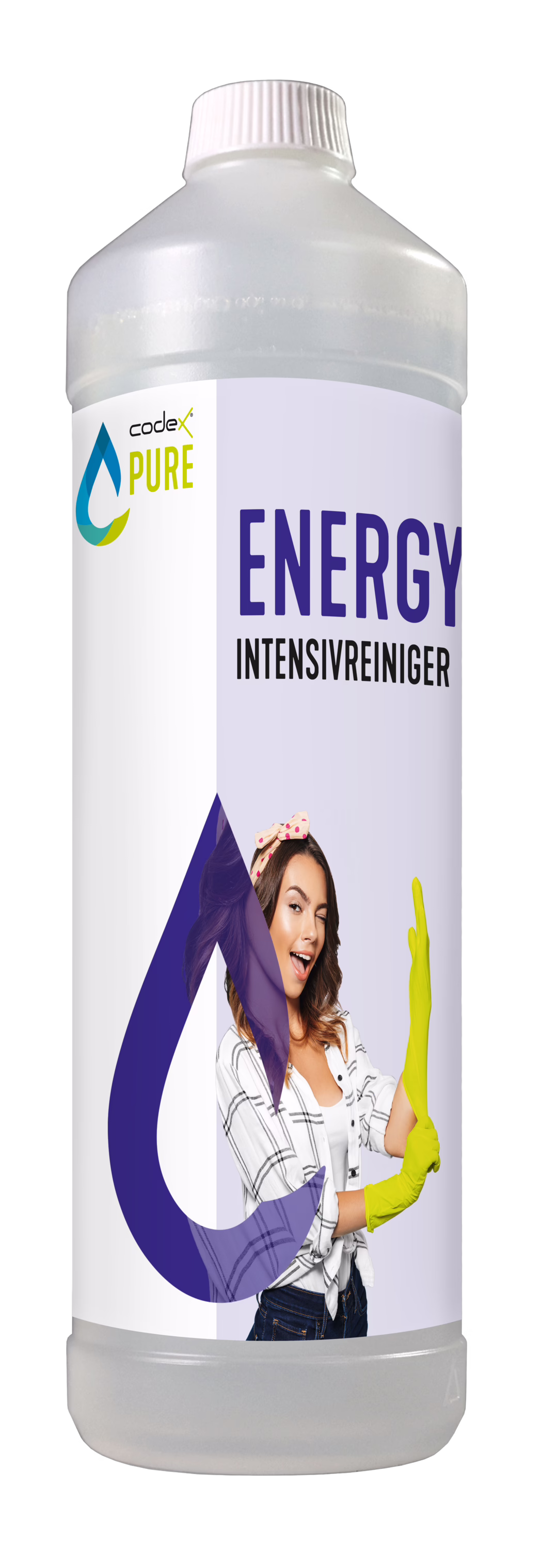 codex_Dummy_Pure Energy_1L_2021-06 Eine hohe, halbtransparente weiße Plastikflasche mit weißem Schraubverschluss, beschriftet mit 'ENERGY Intensivreiniger' von codex PURE. Das Etikett ist in Lila und Weiß gehalten, zeigt ein großes Tropfenlogo und ein Foto einer lächelnden Frau mit gelben Gummihandschuhen, die zwinkert. Die Flasche steht auf weißem Hintergrund und vermittelt einen kraftvollen Haushaltsreiniger.