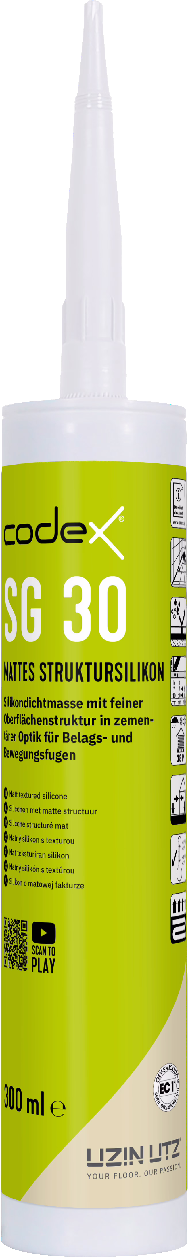 codex_Dummy_SG 30_front_2024-07 Foto einer 300-ml-Kartusche mit mattem, strukturiertem Silikondichtstoff und weißer, konischer Tülle. Die zylindrische Kartusche zeigt ein olivgrünes Etikett mit der Bezeichnung 'codex SG 30' und 'mattes struktursilikon', Piktogramme, QR-Code und Herstellerangaben; am unteren Rand steht 'LIZIN LUTZ'. Der Dichtstoff ist für Belags- und Bewegungsfugen mit zementähnlicher Oberflächenstruktur vorgesehen; das Bild zeigt die Vorderansicht auf weißem Hintergrund.