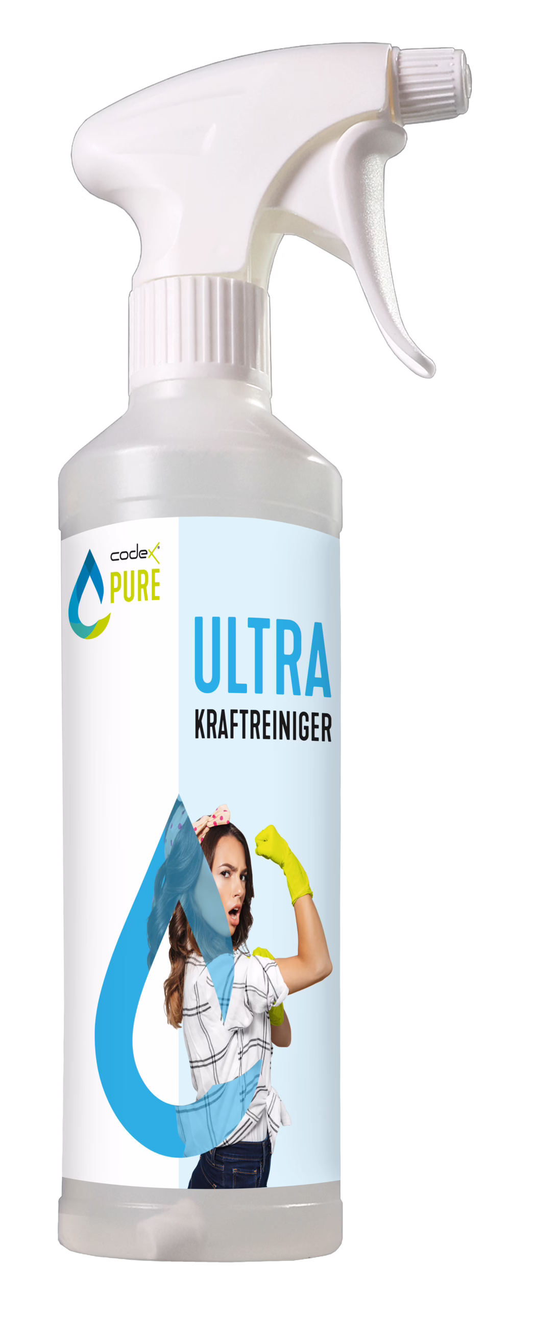Eine hohe weiße Sprühflasche aus Kunststoff, frontal vor weißem Hintergrund fotografiert. Die Flasche besitzt eine weiße Sprühpistole mit geriffeltem Schraubhals und einen leicht durchscheinenden zylindrischen Körper. Das große Etikett zeigt rechts das Wort 'ULTRA' in kräftigen blauen Großbuchstaben und 'KRAFTREINIGER' in schwarzer Schrift, links das 'codex PURE'-Logo und einen stilisierten Tropfen. Im unteren Bereich ist ein Fotoausschnitt einer Frau mit gelben Reinigungshandschuhen zu sehen, die den Arm in einer kraftvollen Pose anwinkelt. Die Bildsprache vermittelt ein modernes, starkes Haushaltsreinigungsmittel durch klare Typografie, leuchtende Farben und sichtbare Kunststoffstrukturen.