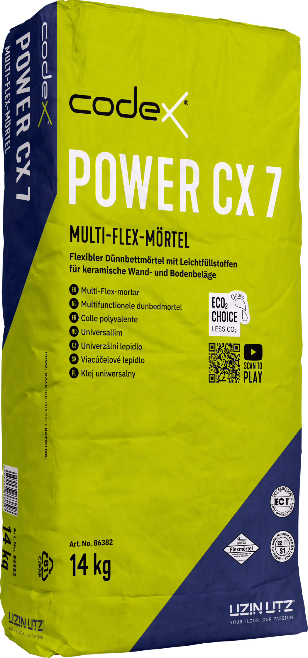 codex_Dummy_Power CX 7_right_2023-01 Gelb-grüner und dunkelblauer Sack 'codex POWER CX 7' Multi-Flex-Mörtel mit dem Logo 'codex', großer Aufschrift 'POWER CX 7', deutscher Produktbeschreibung zu flexiblem Dünbettmörtel für keramische Wand- und Bodenbeläge, mehrsprachiger Liste, ECO2 Choice-Logo, QR-Code, Gewicht '14 kg' und Zertifizierungszeichen.